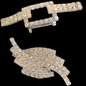 Vintage Clear Rhinestone Brooch Pair Art Deco Style Silver Tone Statement Pins